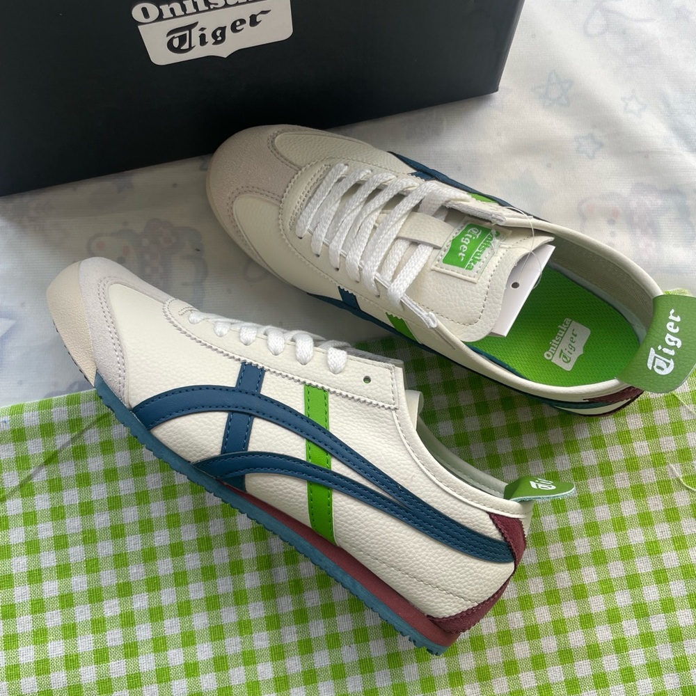 Onitsuka Tiger by Asics White Leather Sneakers with Blue and Green Stripes